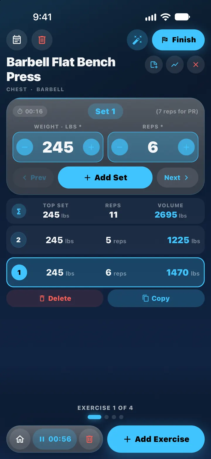 Brolift tracker on iPhone with a generated workout loaded: Barbell Flat Bench Press, Set 1, steppers at 245 lbs and 6 reps, with two planned sets listed below and a summary of top set, reps and volume. Exercise 1 of 4.