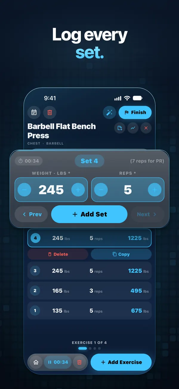 App Store screenshot: headline 'Log every set.' above an iPhone showing the Brolift bench press tracker, with the Set 4 panel (245 lbs, 5 reps, '7 reps for PR', Add Set) enlarged.