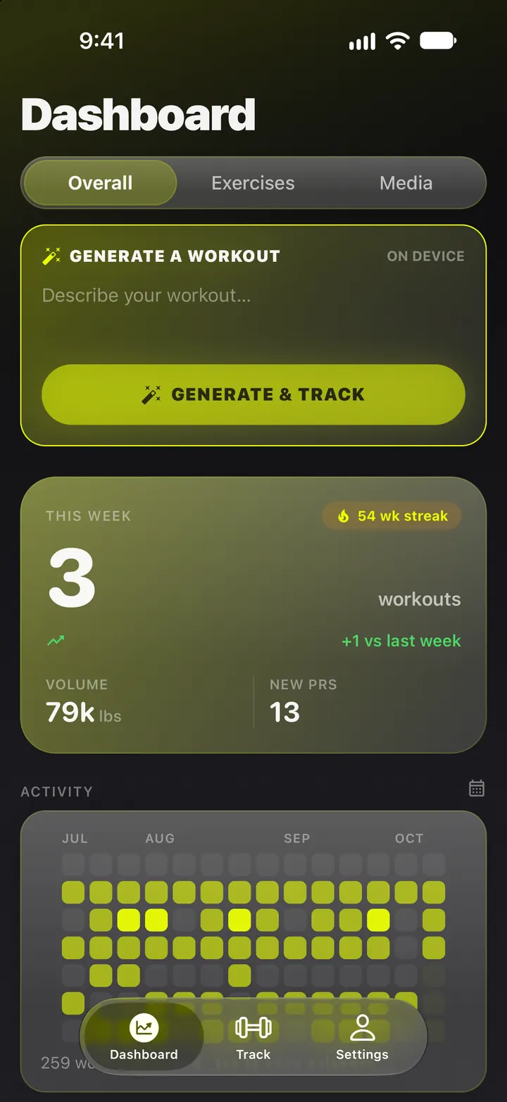 Brolift Dashboard on iPhone in the Iron theme, yellow-green accents on black, showing the Generate a workout panel, the This Week card with 3 workouts and the activity heatmap.