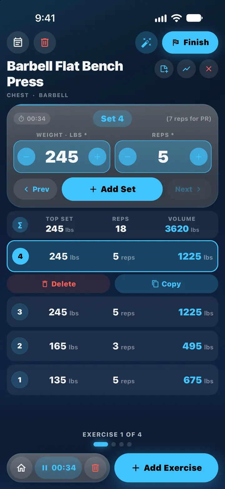 Brolift workout tracker on iPhone for Barbell Flat Bench Press. Set 4 is being entered with steppers at 245 lbs and 5 reps, a set timer at 00:34 and the hint 7 reps for PR, above a summary row and the sets already logged. Exercise 1 of 4.